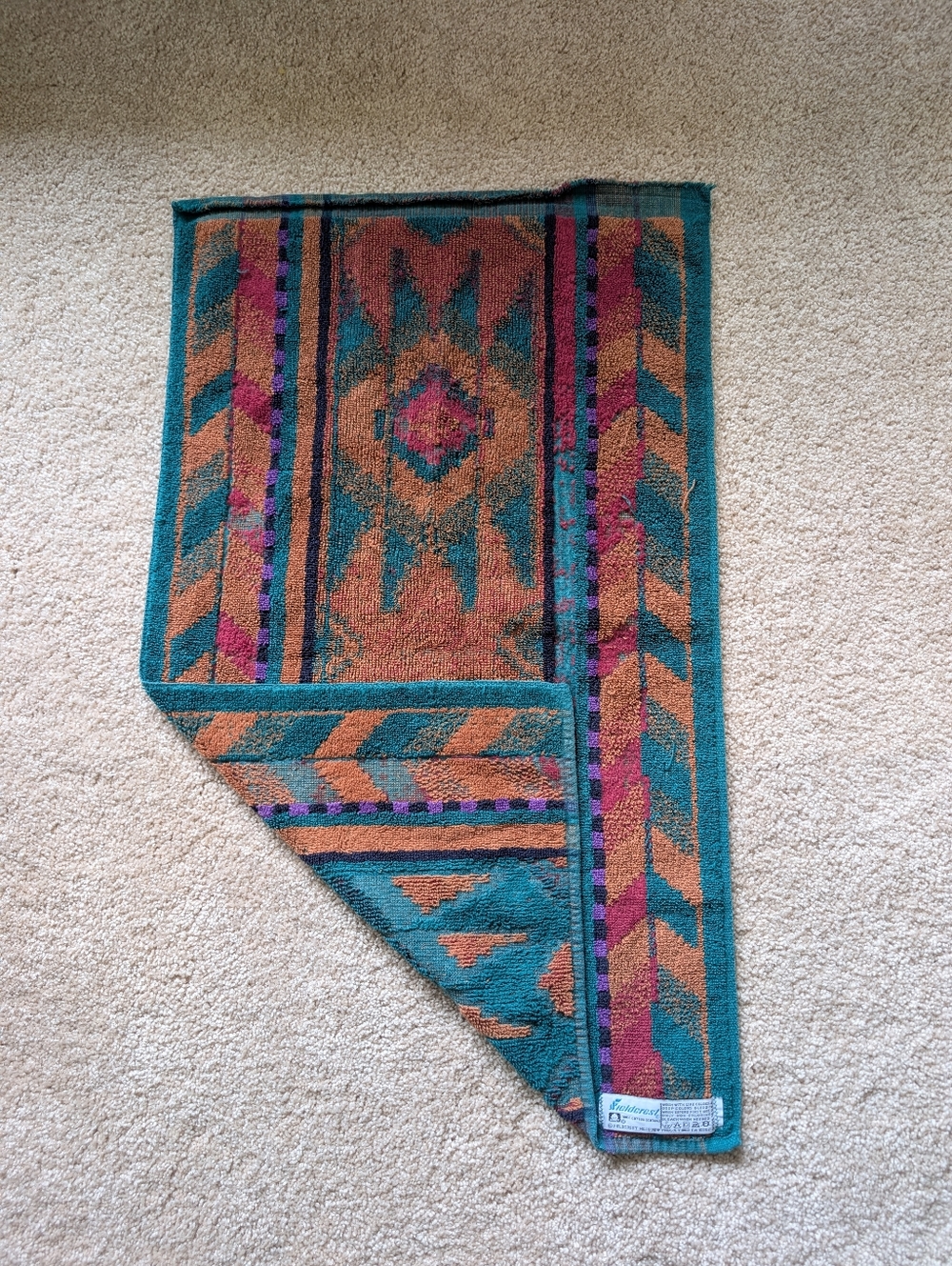 Vintage Fieldcrest Teal Orange Tribal Aztec Print Cotton Hand Towel